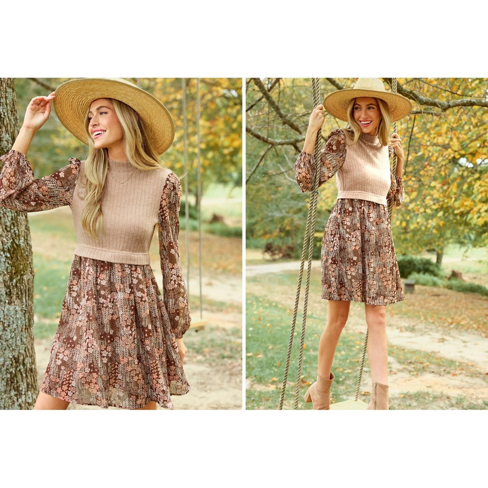 Cupshe Brown Retro Floral Mockneck XL Long Sleeve Mini Dress Cottagecore Prairie - Picture 4 of 15